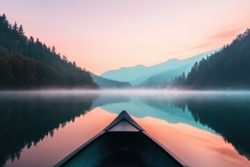 Serene Canoe Journey on Calm Lake at Sunrise with Misty Landscape