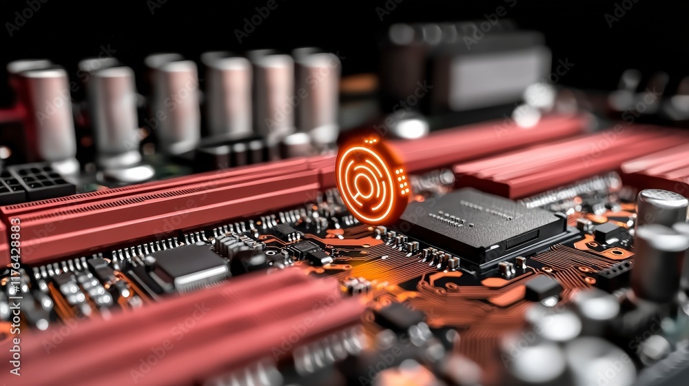 Poster futuristic motherboard data flow info symbol cpu microchip technology concept