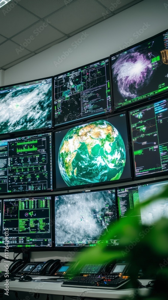 Poster global network monitoring futuristic control room with earth display