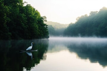 Serene White Heron on Misty Lake Surface at Dawn with Trees