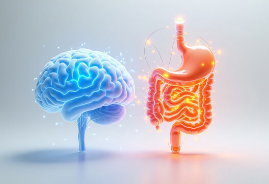 3D rendering of brain and gut, brain gut axis, gut brain axis, connection of brain and gut