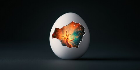 Fototapeta premium Easter rebirth concept. Egg with a vibrant, colorful interior design against a dark background.