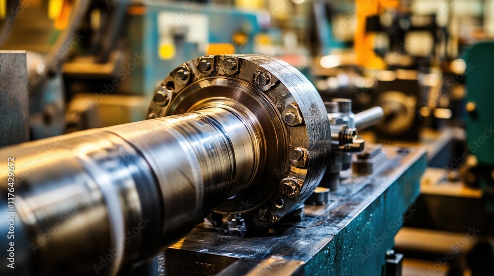 Poster close-up view of precision machinery part in an industrial manufacturing environment with complex me