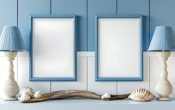 Two blank frames on blue wall, lamps, shells decor.