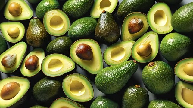 Green ripe avocado top close up view. Texture vegan healthy food background. Diet organic vegetable poster video