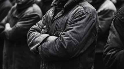 A group of citizens, rolling up their sleeves, ready for work, depicted in a black and white retro style, exuding a sense of determination and hard work.