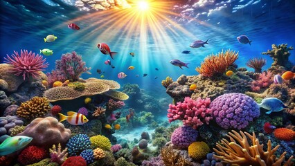 Obraz premium Vibrant Panoramic Coral Reef Seascape: Underwater Paradise