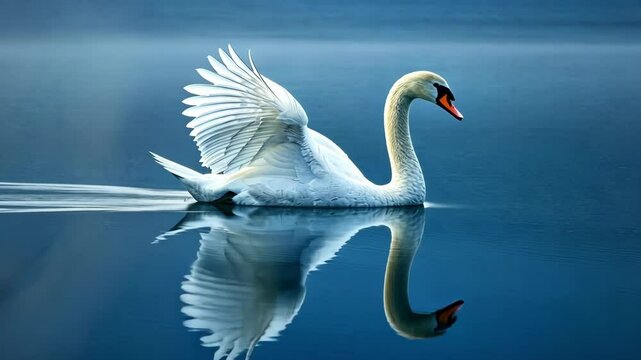 Graceful swan gliding on tranquil misty lake at dawn AI