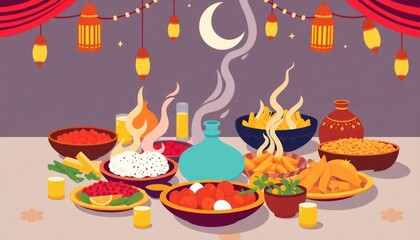 illustration of a menu design. The above food dish is decorated with beautiful lanterns and crescent moons.