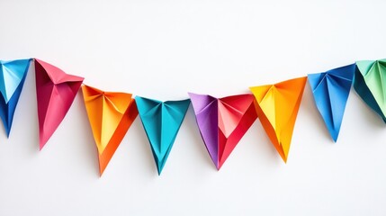 Vibrant multicolor bunting in a triangular shape, isolated on a plain white background, creating a lively and festive banner design