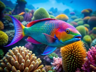 Vibrant Parrotfish Swimming in Coral Reef, Copy Space Right