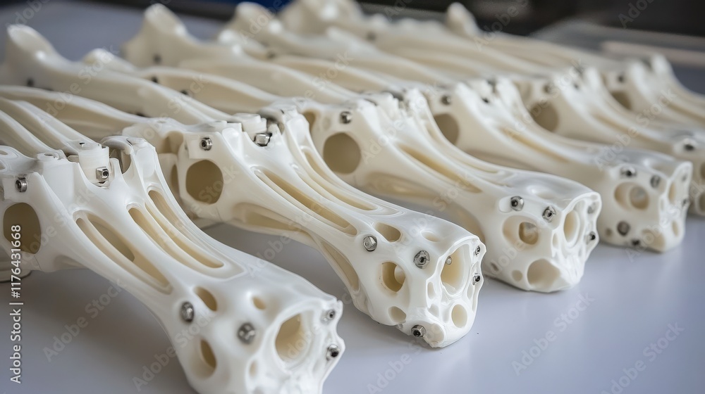 Poster detailed close-up of intricately designed 3d printed bone models displayed in a clean laboratory env