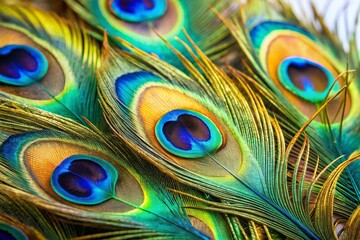 Fototapeta premium Vibrant Peacock Feather Colors: Close-up Macro Photography of iridescent plumage