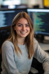 Joyful young woman coder in her office