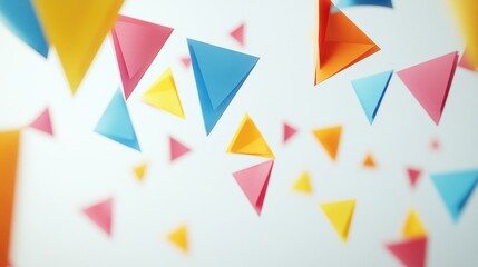 Vivid multicolor triangular bunting decoration floating on a clean white background, perfect for celebration-themed web designs or flyers