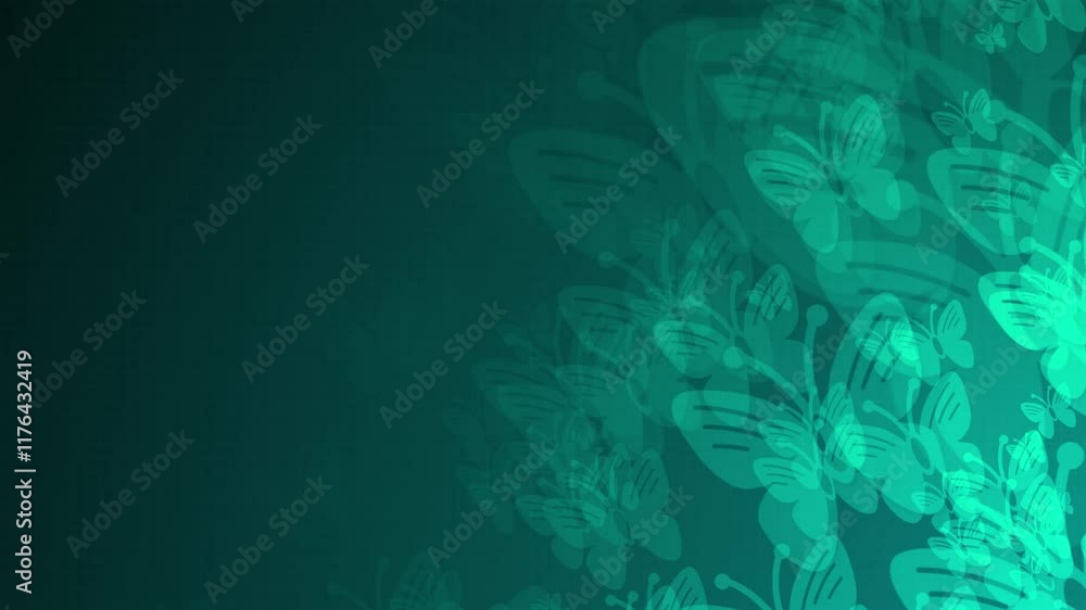Poster blue butterfly shapes are moving from the bottom right of a gradient grid abstract background, horiz