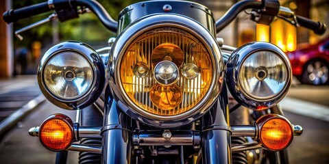 Obraz premium Motor show spotlight: Black Royal Enfield 650 Classic's iconic headlight and winkers steal the show.