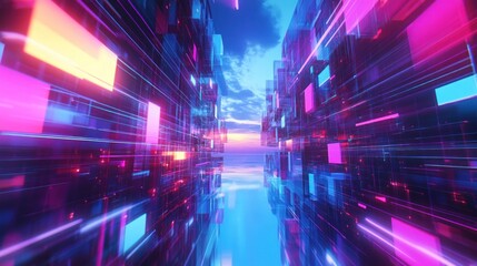 Obraz premium Vivid synthwave background with a 3D perspective grid, neon pinks, purples, and blues, creating a retro futurism and vaporwave vibe