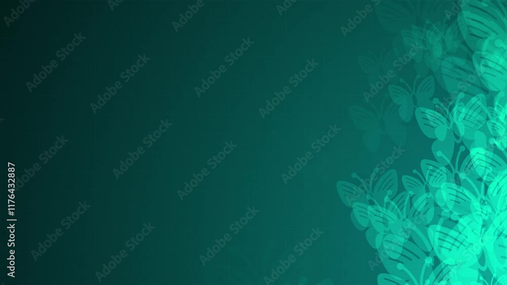 Poster blue butterfly shapes are moving from the bottom right of a gradient grid abstract background, horiz