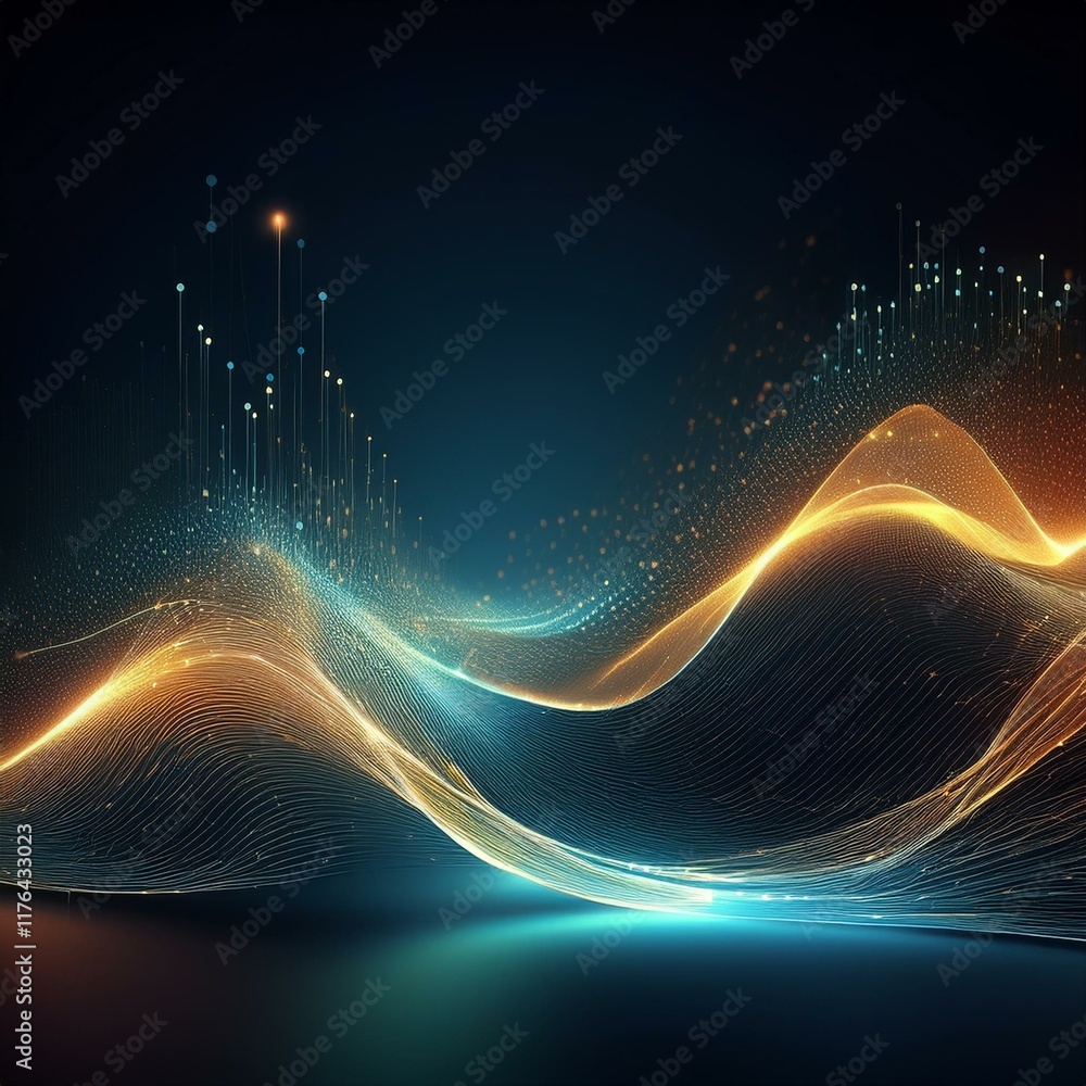Poster abstract particle wave with futuristic point connections, representing data flow and technology, per