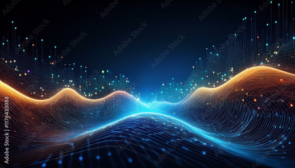 Poster abstract particle wave with futuristic point connections, representing data flow and technology, per