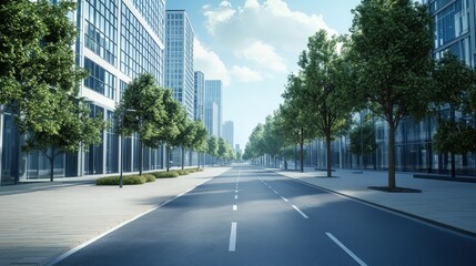 Fototapeta premium Modern Urban Scene with Intelligent Autonomous Vehicles on a Clear Day in the City with Skyscrapers and Lush Green Trees