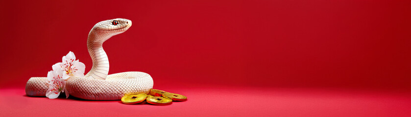 Fototapeta premium Chinese snake symbolism. White snake on a vibrant red background with decorative elements.