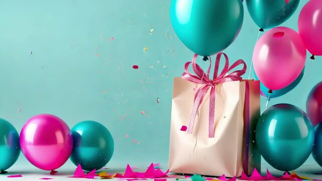 Colorful balloons with gift bag on blue background celebration scene