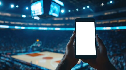 a person holding a cell phone up to a basketball game
