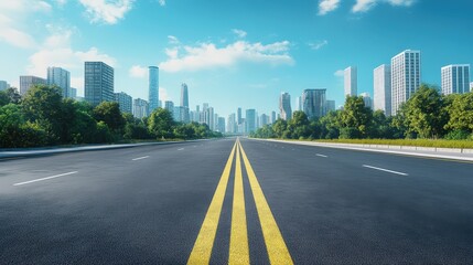 Obraz premium Modern Urban Landscape Featuring Wide Open Roads with Intelligent Autonomous Vehicles Under a Clear Blue Sky and Lush Greenery