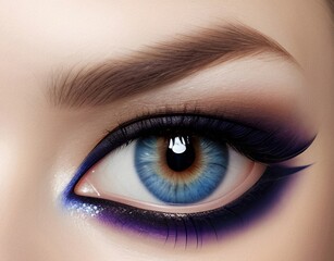 Obraz premium Eye makeup with eyeshadow and arrow. Beautiful macro shot of female eye make-up. Blue eye. Creative fashion make-up. Perfect shape of eyebrow. Cosmetics.