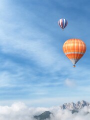 Obraz premium Vibrant Hot Air Balloons Gracefully Soaring Above Misty Mountains: A Stunning Wide Shot Photo. AI Generated