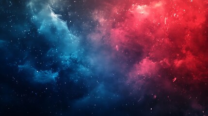 Abstract cosmic nebula with blue and red hues, stars, and dust.
