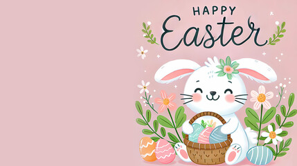 Easter card. Easter bunny and basket of eggs. Happy Easter inscription.  Banner. Illustration. Generated AI