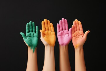 Holi spirituality concept. Colorful painted hands raised against a dark background.