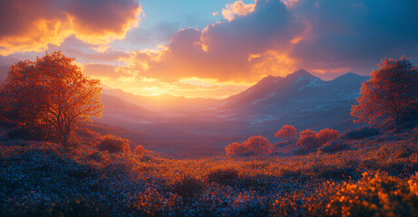 Naklejka premium Enchanting Sunset Over Vibrant Fields and Serene Mountain Ranges