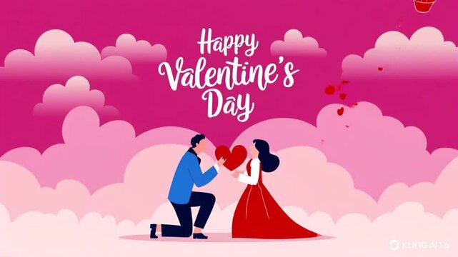 a man is kneeling and offering a red heart to a woman. the cloud moving and the text animation