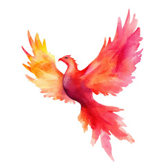 Obraz premium Vibrant watercolor phoenix illustration with fiery red, orange, and yellow tones, capturing its dynamic energy. Perfect for mythical and artistic projects. Isolated on transparent background, png.
