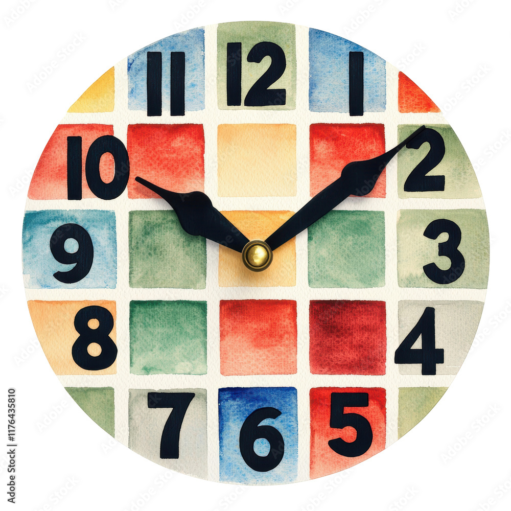 Poster watercolor clock with grid design showcasing bold black numbers over multicolor squares, blending ar