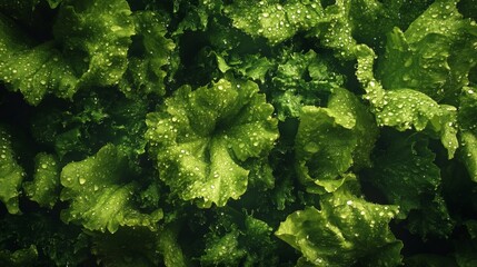 Naklejka premium A detailed picture of a lettuce leaf, showcasing the sparkling water droplets adhering to its surface.