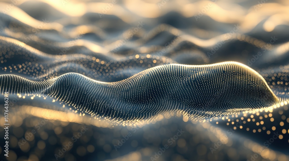 Poster abstract visualization of network connections and data transfer with waves and dots in soft golden l