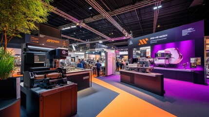 Modern Industrial Exhibition Floor with Advanced Machinery and Interactive Displays Showcasing Innovations in Manufacturing Technology and Engineering Solutions