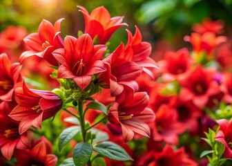 Vibrant Red Bellflowers Overhead View, Botanical Close-Up, Floral Photography