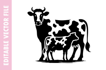 cow on a white, cow on a sun vector silhouette illustration