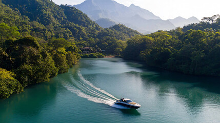 speedboat navigating through serene bay surrounded by lush greenery and mountains, creating peaceful and adventurous atmosphere