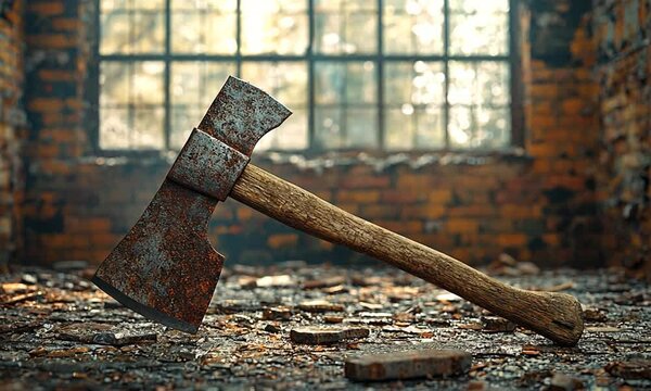 A rusty axe rests on a debris-strewn floor, illuminated by natural light through windows.