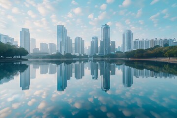 Fototapeta premium A serene cityscape at dawn. Tall skyscrapers are reflected in a still lake, creating a mirrored effect. Soft blue sky and light clouds complete the scene.