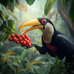 Fototapeta premium toucan reaching red berry