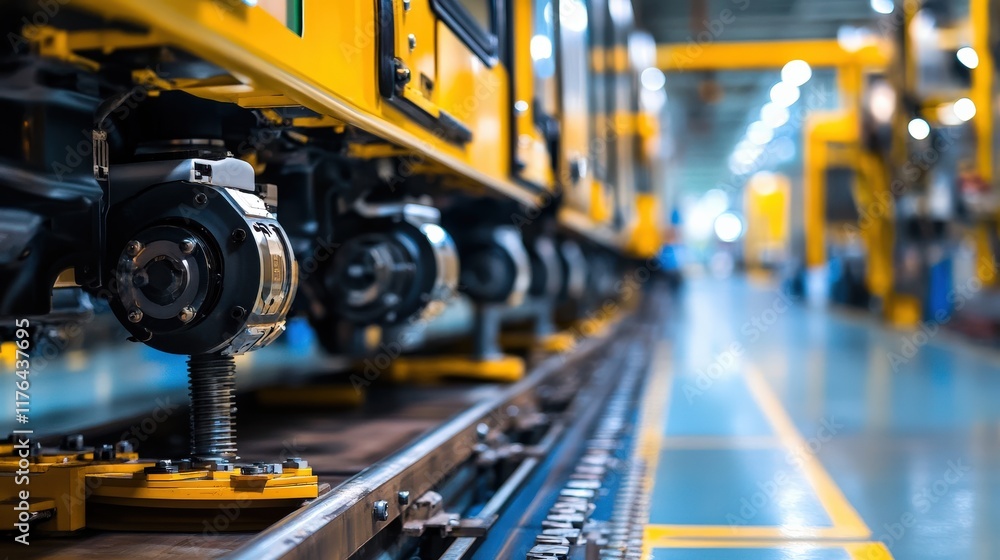 Poster close-up view of industrial railway equipment in a modern workshop setting with emphasis on precisio