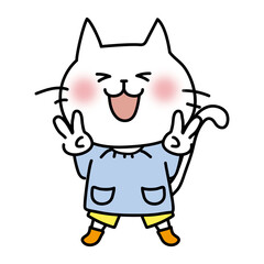 ピースするスモックを着た白い猫